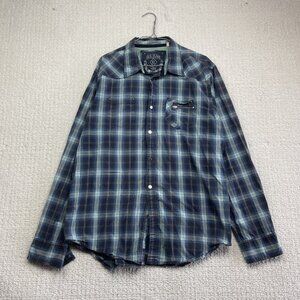 Y2K Guess Mens Blue Plaid Button-Down Long-Sleeve Shirt Metal Snap / Zip Size XL